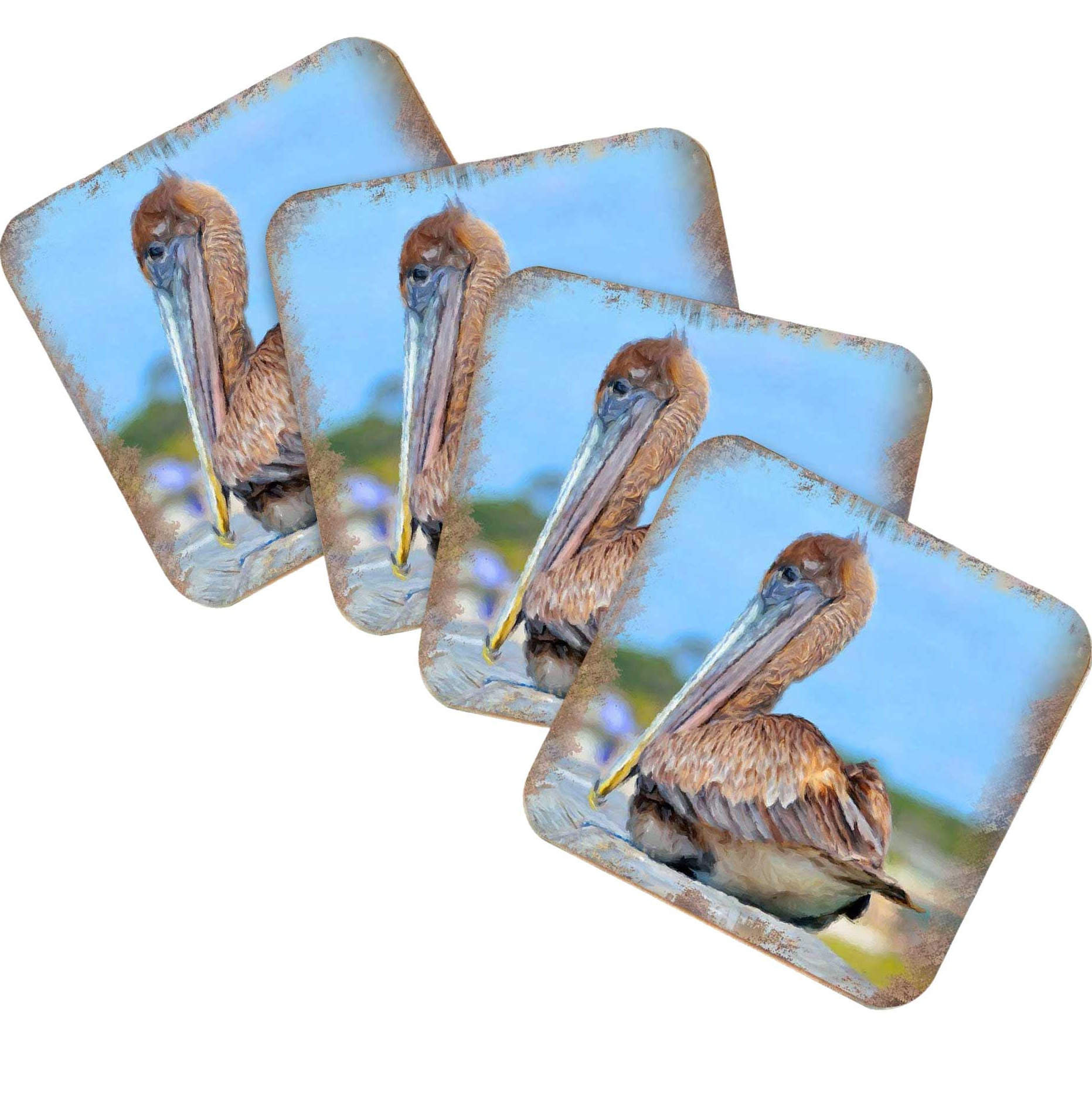 Pelican Coastal Wooden Cork Coasters Gift Set of 4 by Nature Wonders - Coastal Sea-Life Decor - 95325C-S4