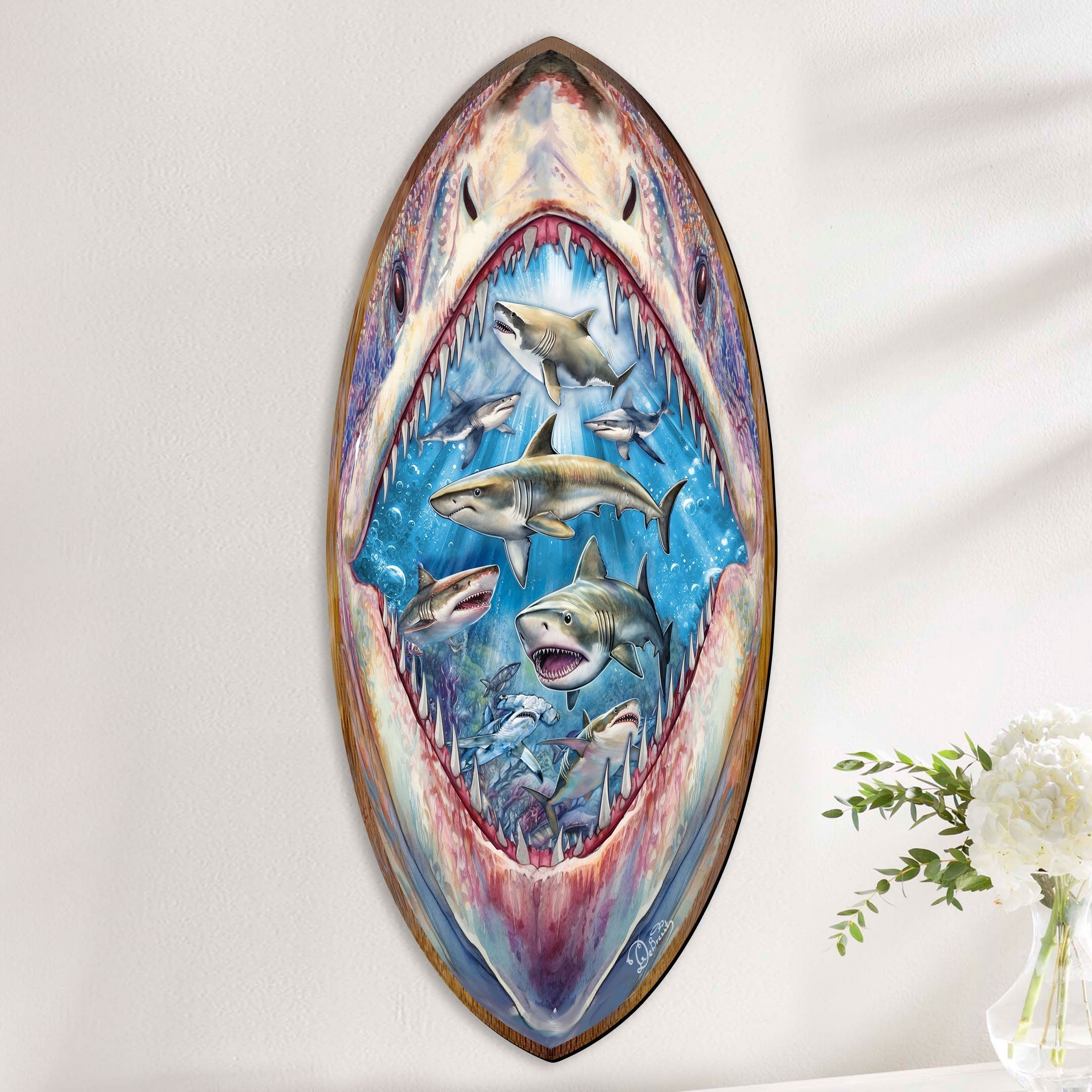 Shark Pull Coastal Surfboard Wall Art  Handcrafted Ocean Decor by G. DeBrekht - Coastal Holiday Decor - 8490138HS