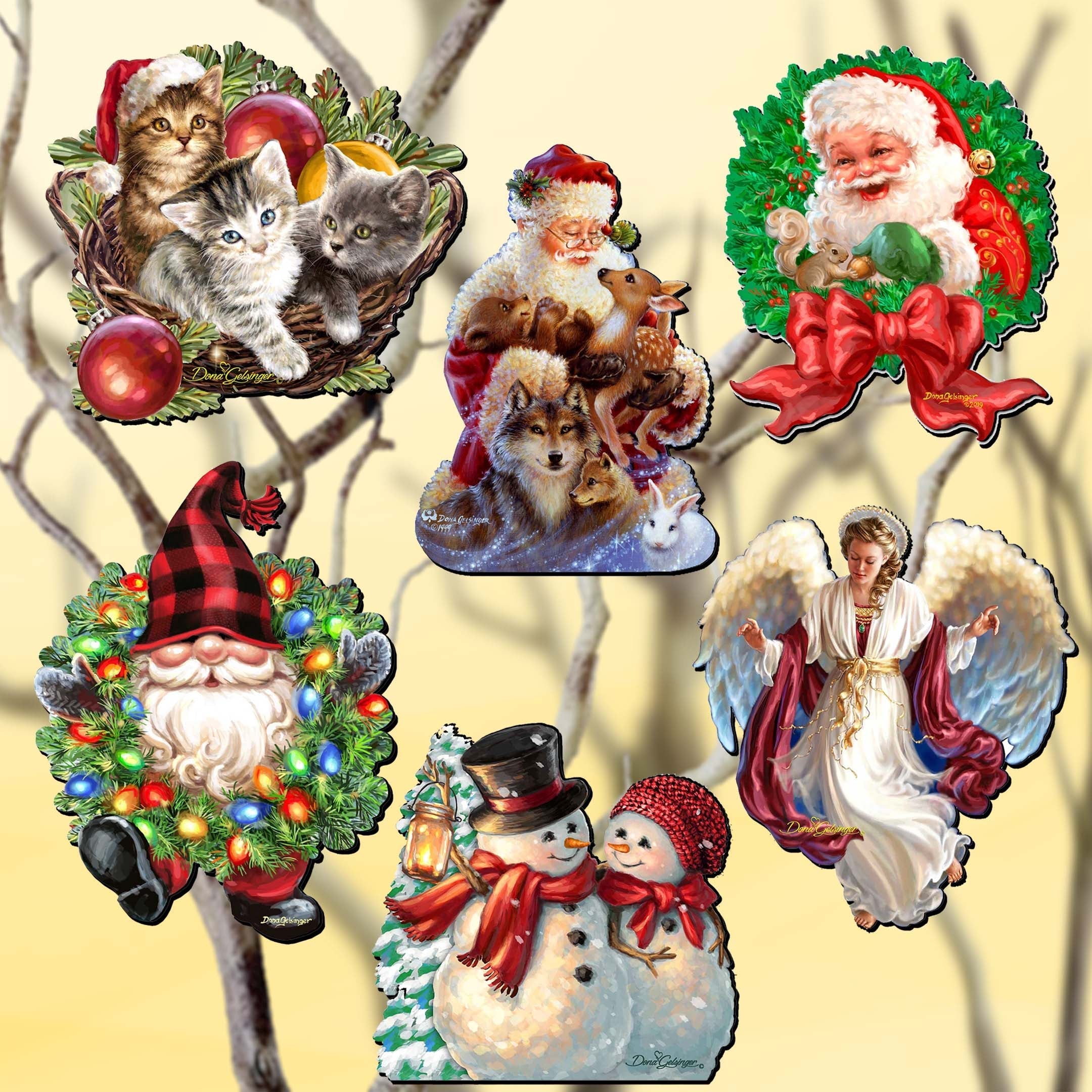 Santa and Friends Clip-On Eco Wood Decorative Ornaments Set of 6 by D. Gelsinger - Christmas Decor - 8090134C-S6