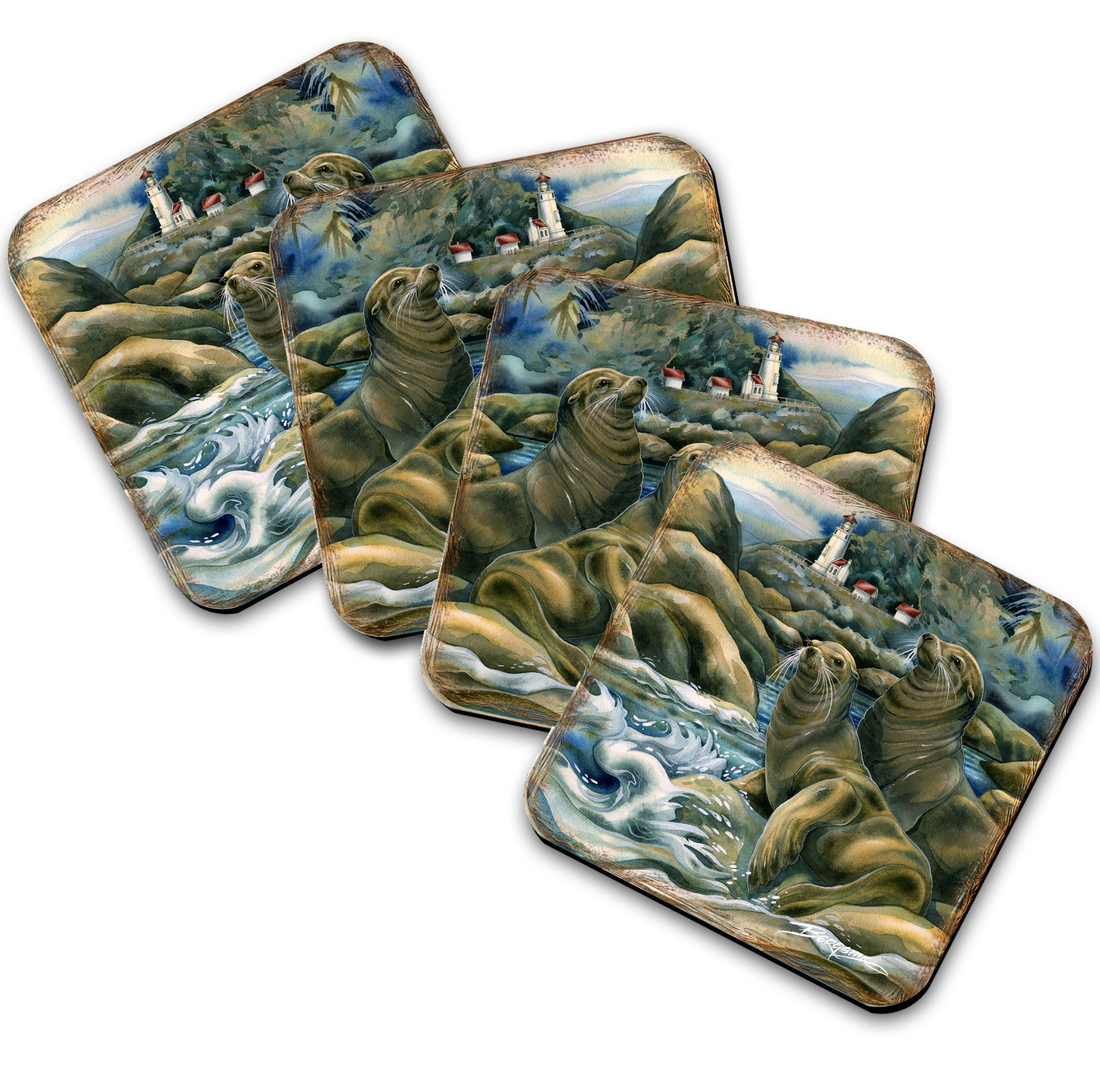 Lions of the Sea Wooden Cork Coasters Gift Set of 4 by J. Bergsma - Coastal Wildlife Decor  - 8199466C-S4