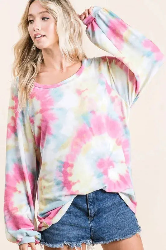 Trendsi Tie Dye Terry Top Women&amp;#39;s Casual T-Shirt Puff Sleeves USA Ship