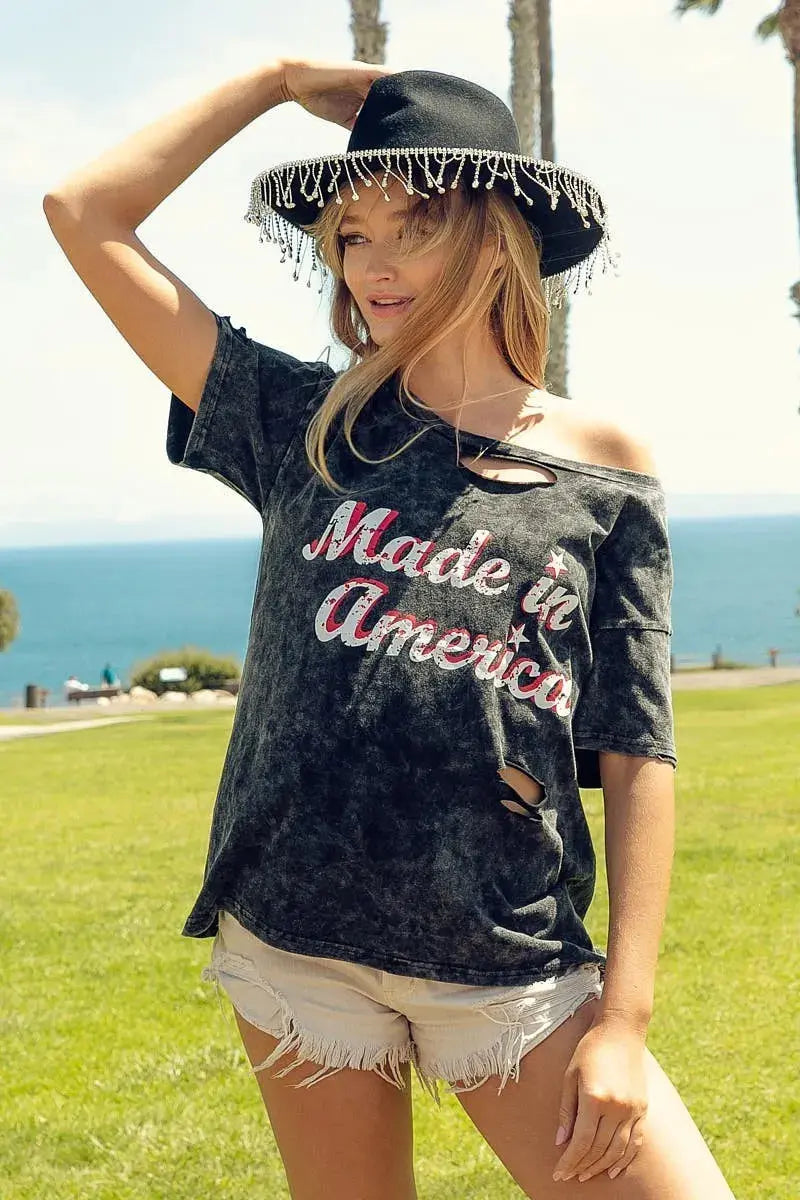 Trendsi Mineral Wash America Print Women&amp;#39;s Graphic Tee - Soft, USA Made