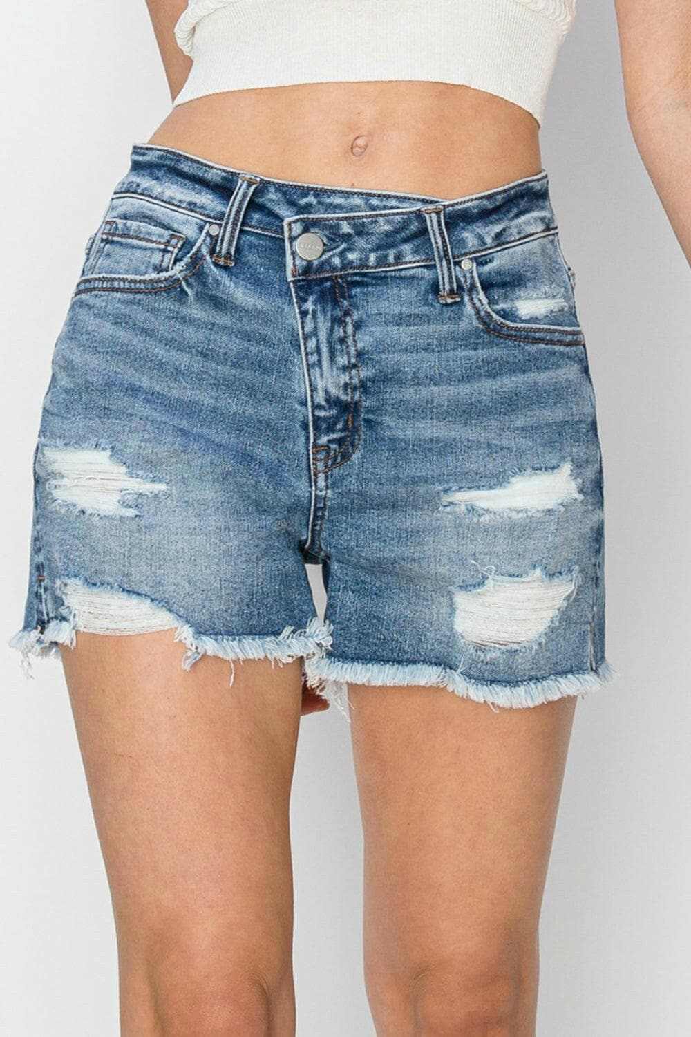 Risen Denim Shorts Women&amp;#39;s Casual Frayed Hem Stepped Waist