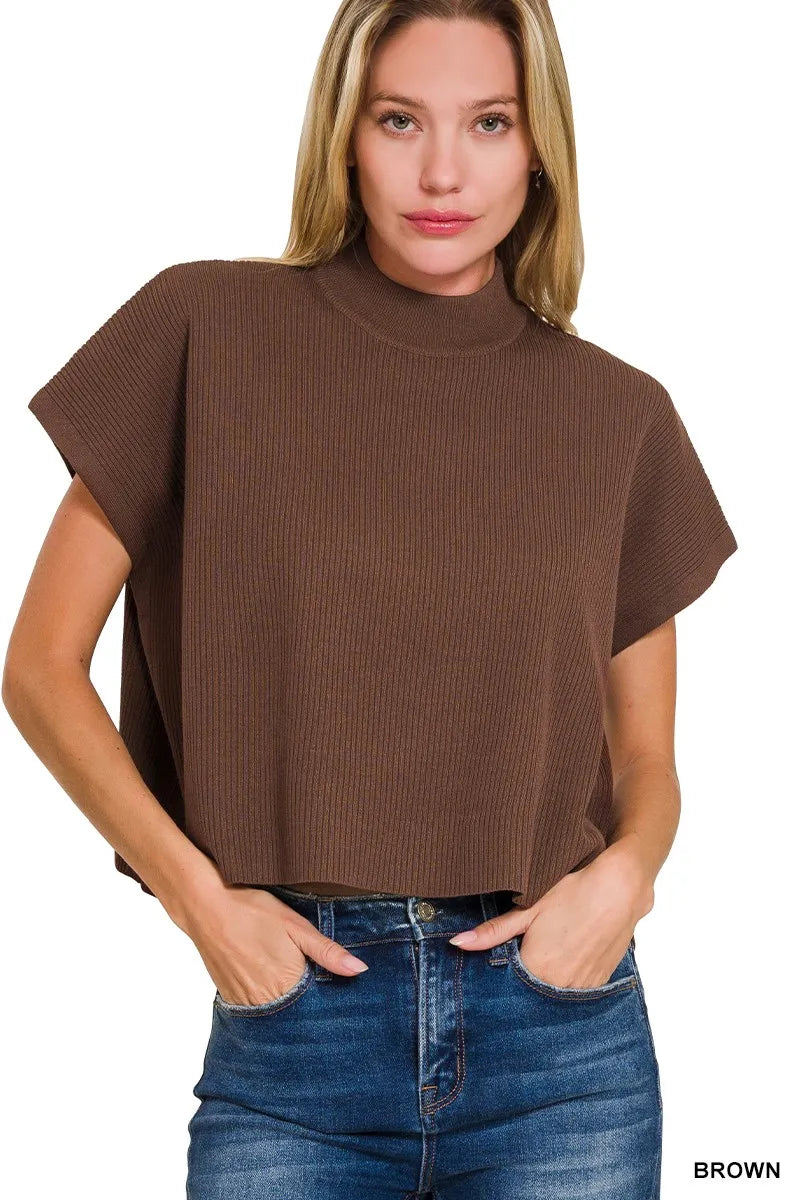 Zenana Viscose Mock Neck Short Sleeve Boxy Sweater