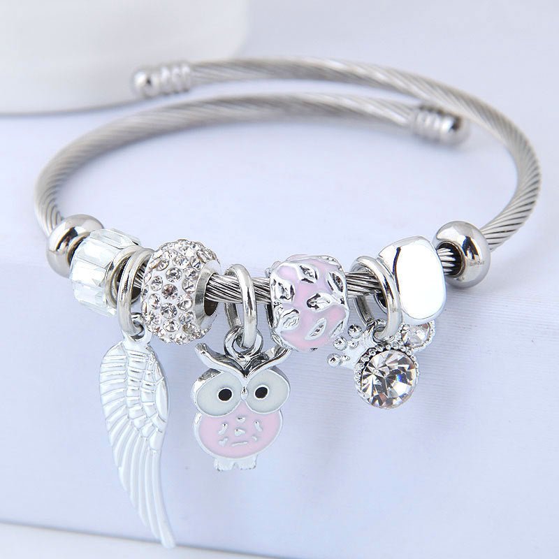 Beaded Owl Bracelet with Angel Wings - Stainless Steel Charm Bracelet