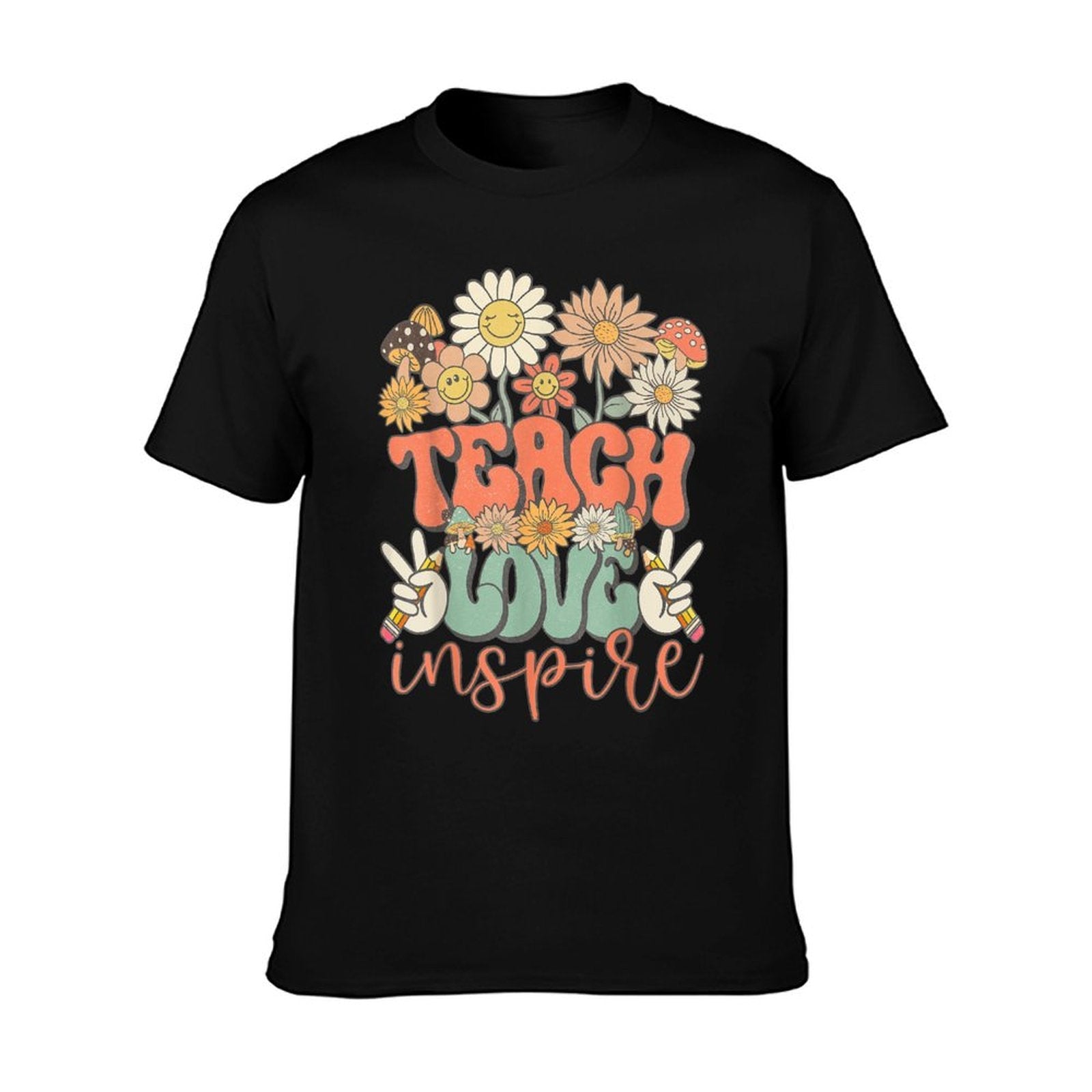 Teach Love Inspire Retro Groovy Daisy Back To School Teacher T-Shirt
