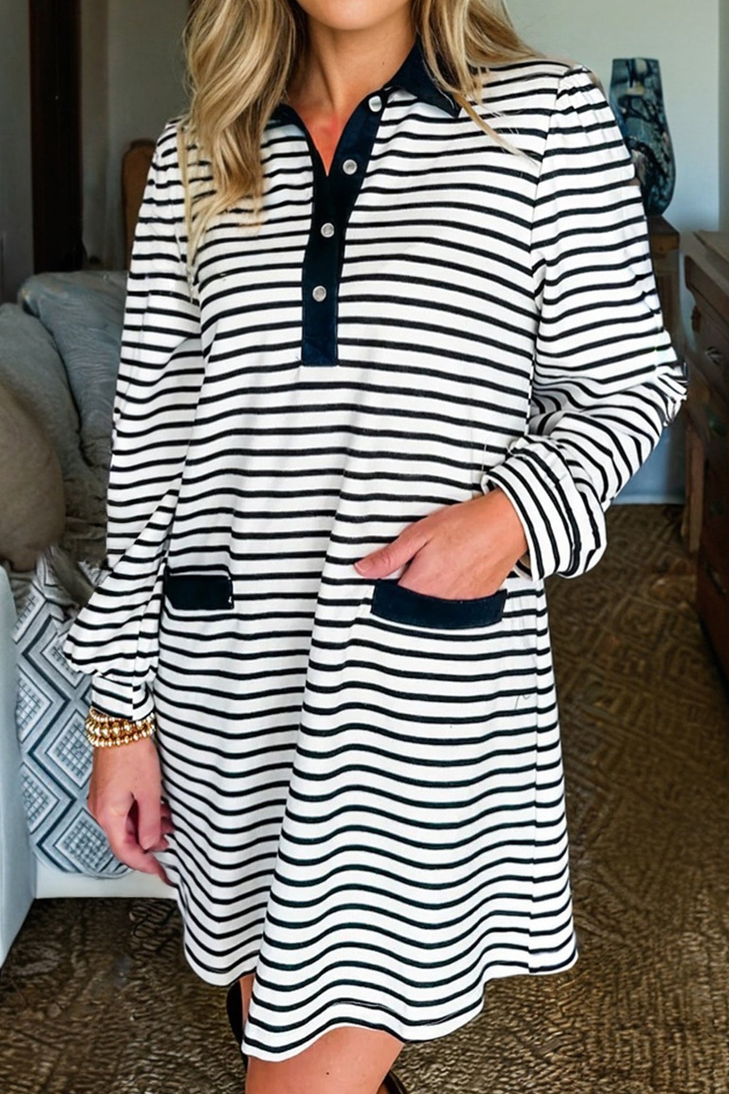 Stripe Collared Pocketed Long Sleeve T-Shirt Dress