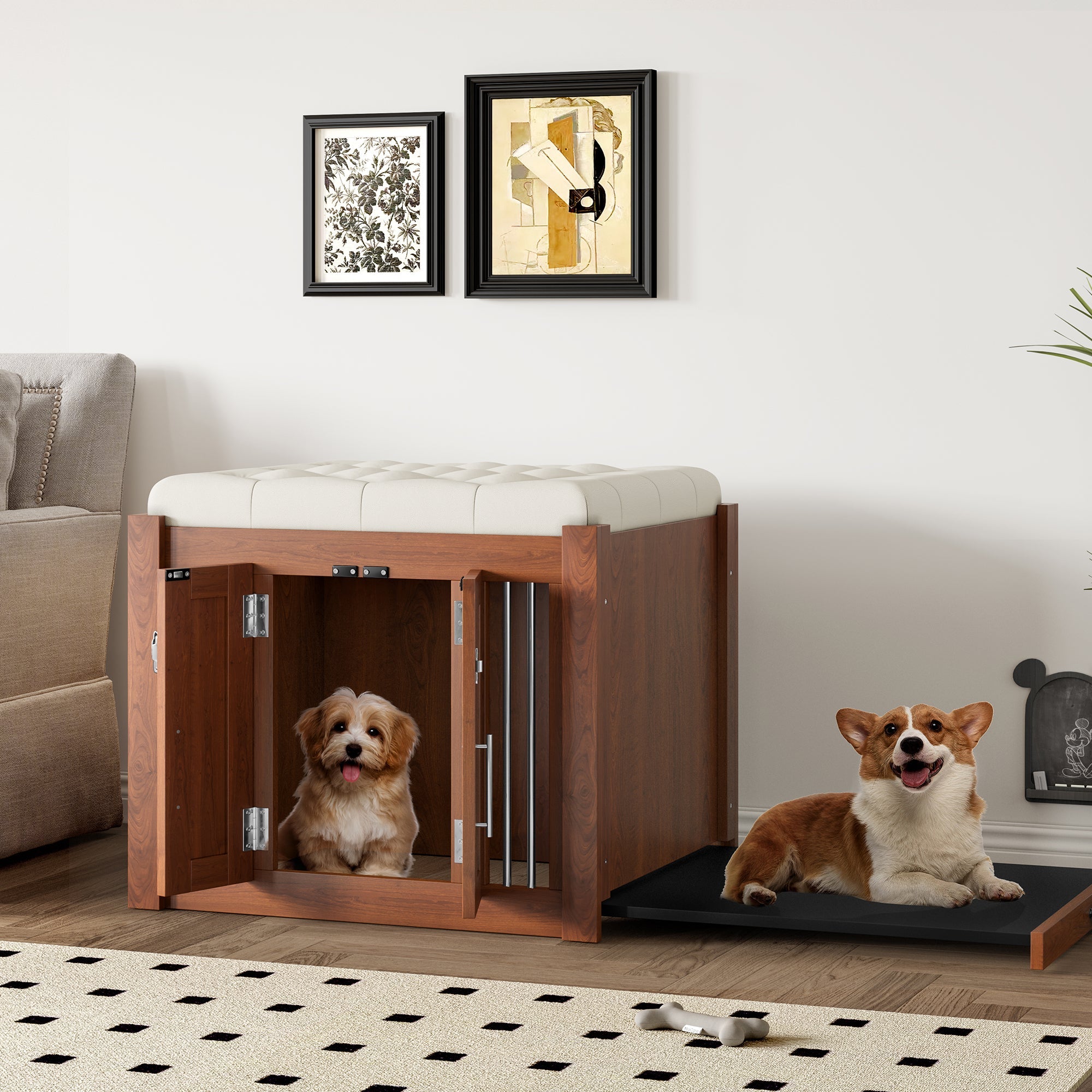 30.25&amp;#39;L, 2 in 1 Dog Crate with Padded Seat, Sliding Barn Door, Luxury Wooden Dog Kennel, End of Bed Bench Ottoman with Removable Cushion for Bedroom, Living Room, Walnut