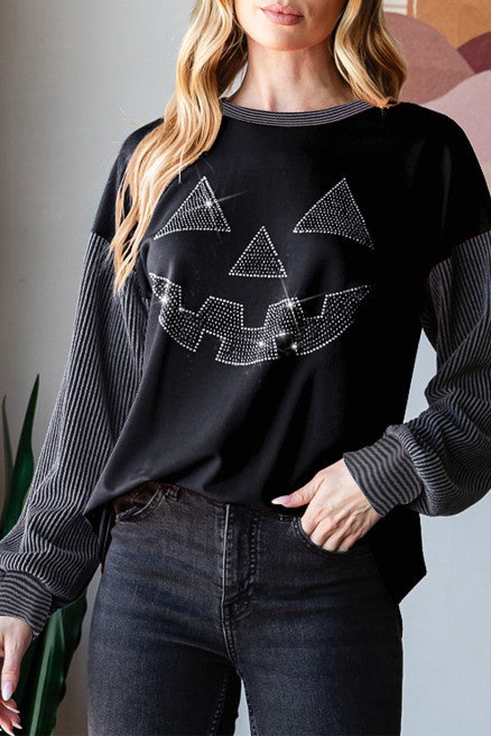 Black Halloween Rhinestone Pumpkin Patchwork Ribbed Top