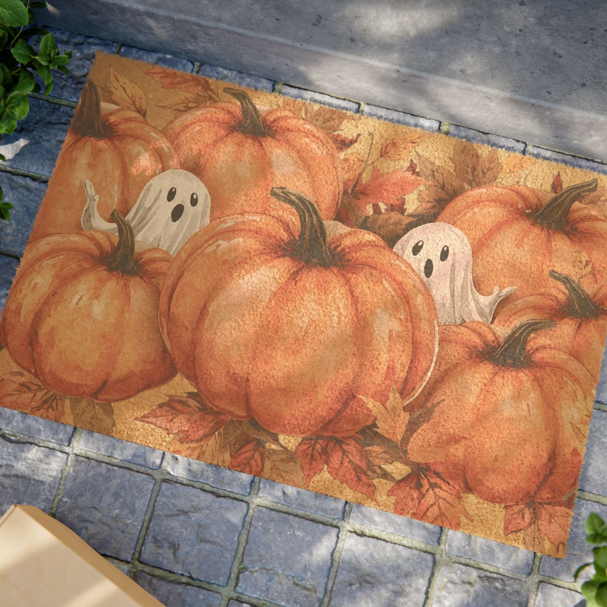 Halloween Doormat with Pumpkins and Ghosts – Fall Welcome Mat for Front Porch, Entryway, or Indoor/Outdoor Seasonal Décor
