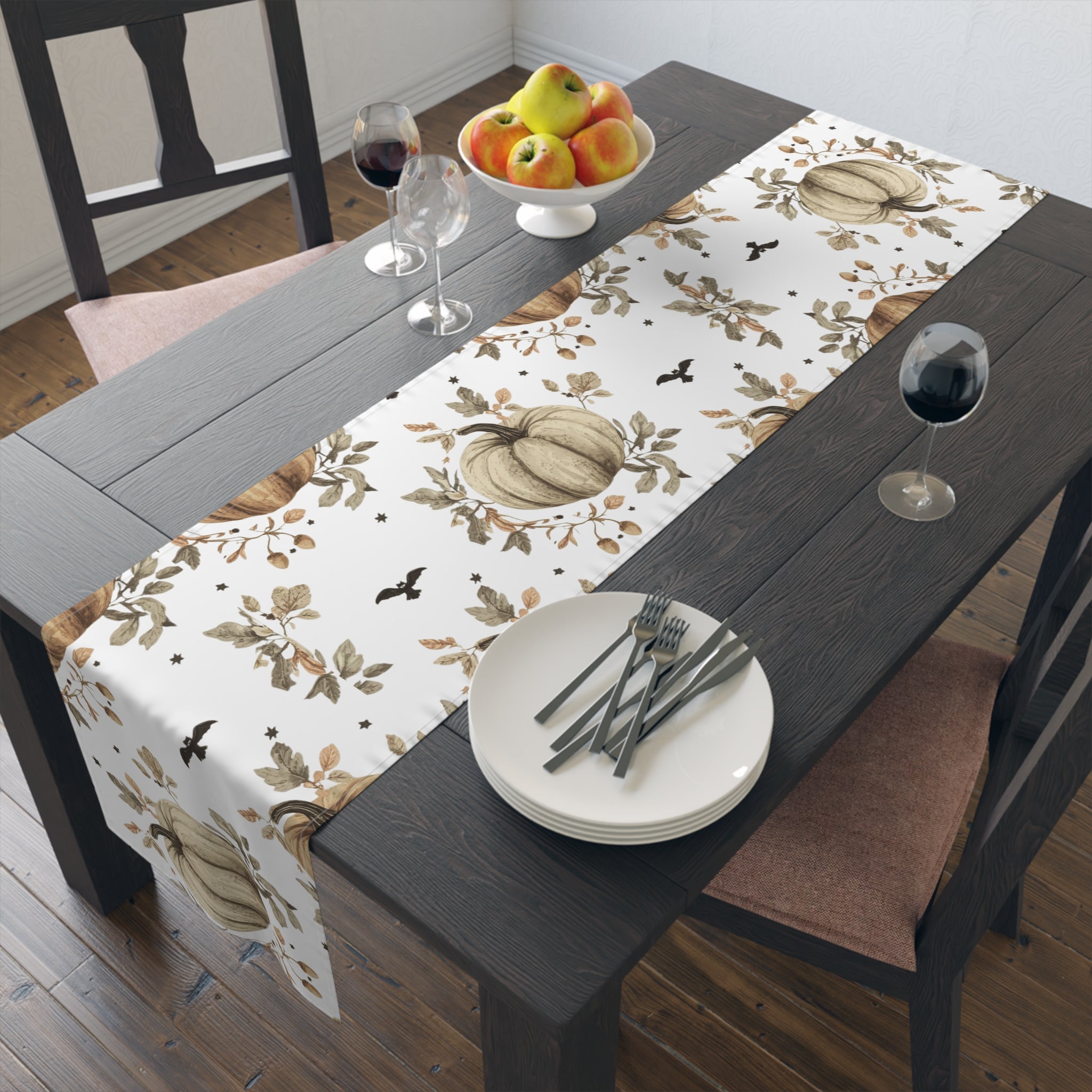 Halloween Farmhouse Table Runner with Pumpkins &amp;amp; Bats – Rustic Fall Dining Décor
