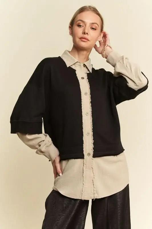 Faux Layered Top Women&amp;#39;s Casual French Terry Shirt - Comfy &amp;amp; USA Ship