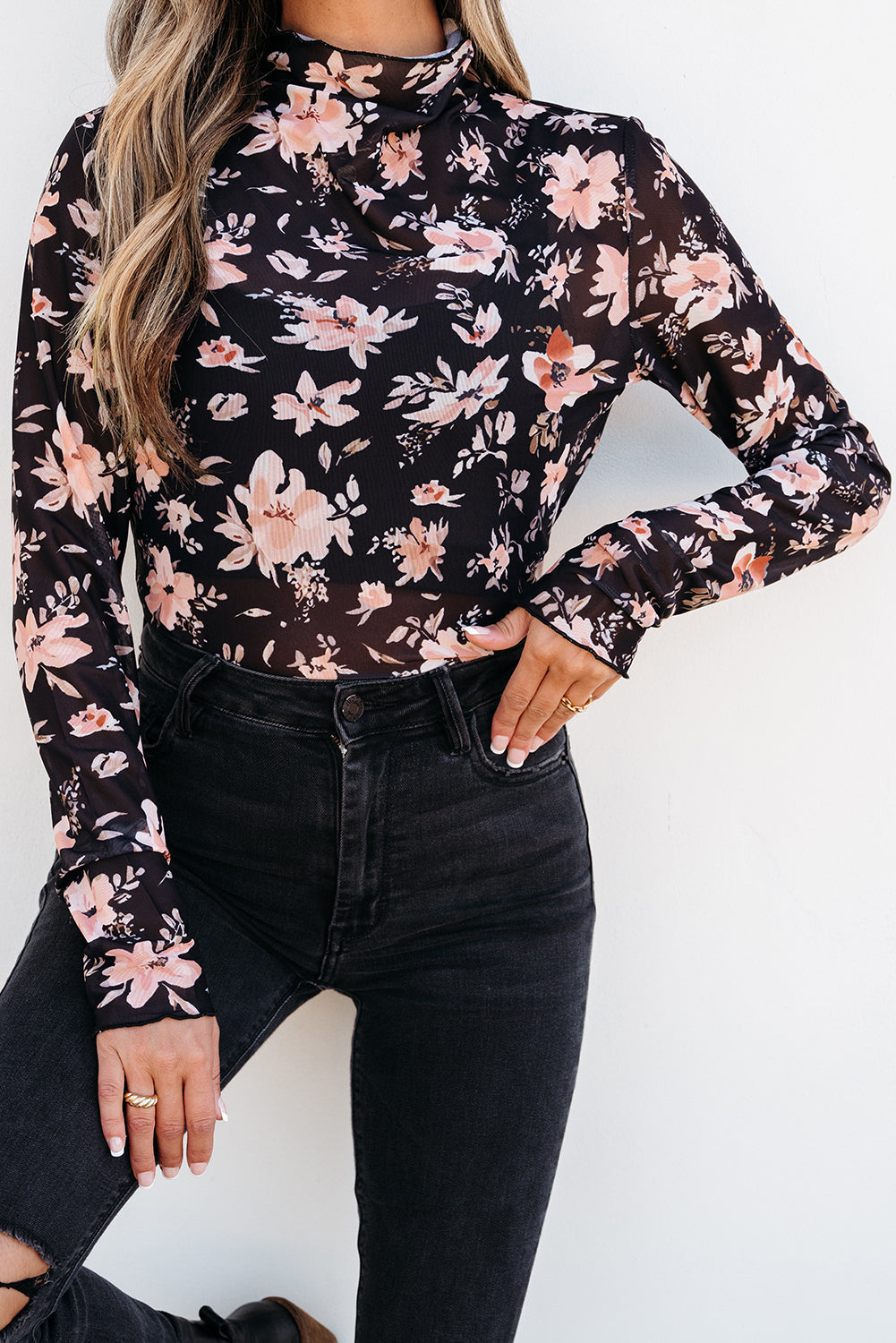 Floral Mesh Mock Neck Long Sleeve Top