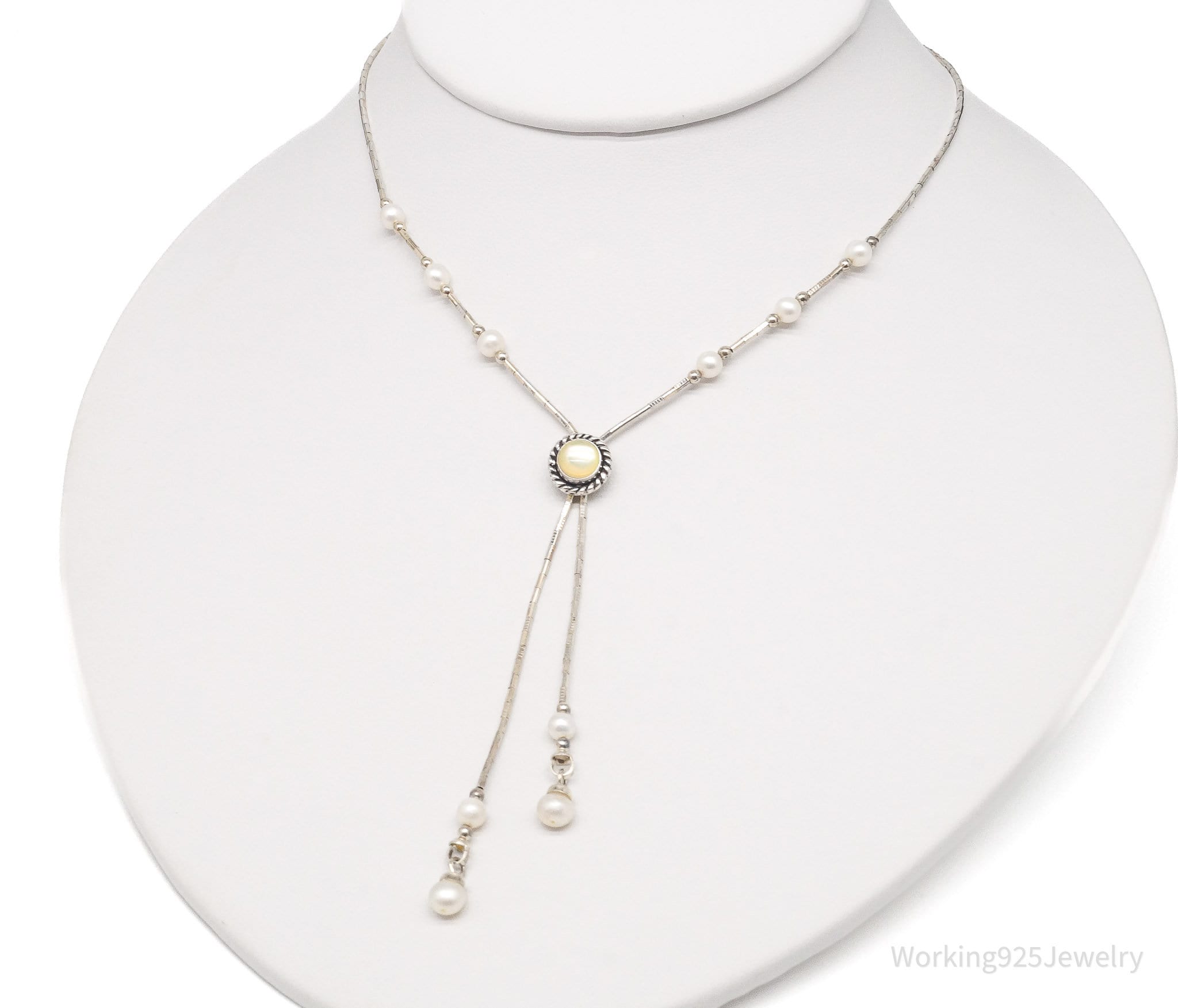 Vintage QT Inc Mother Of Pearl &amp;amp; Pearl Sterling Silver Chain Necklace 16&amp;quot;