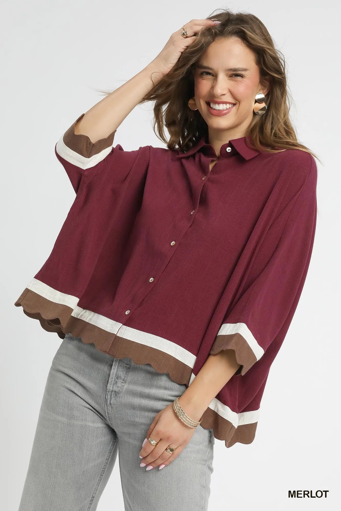 Umgee Colorblock Button-Down Shirt with Scallop Hem