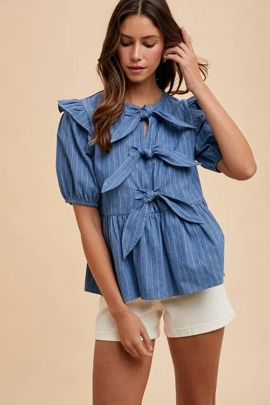 Annie Wear Stripe Front Bow Denim Peplum Blouse by