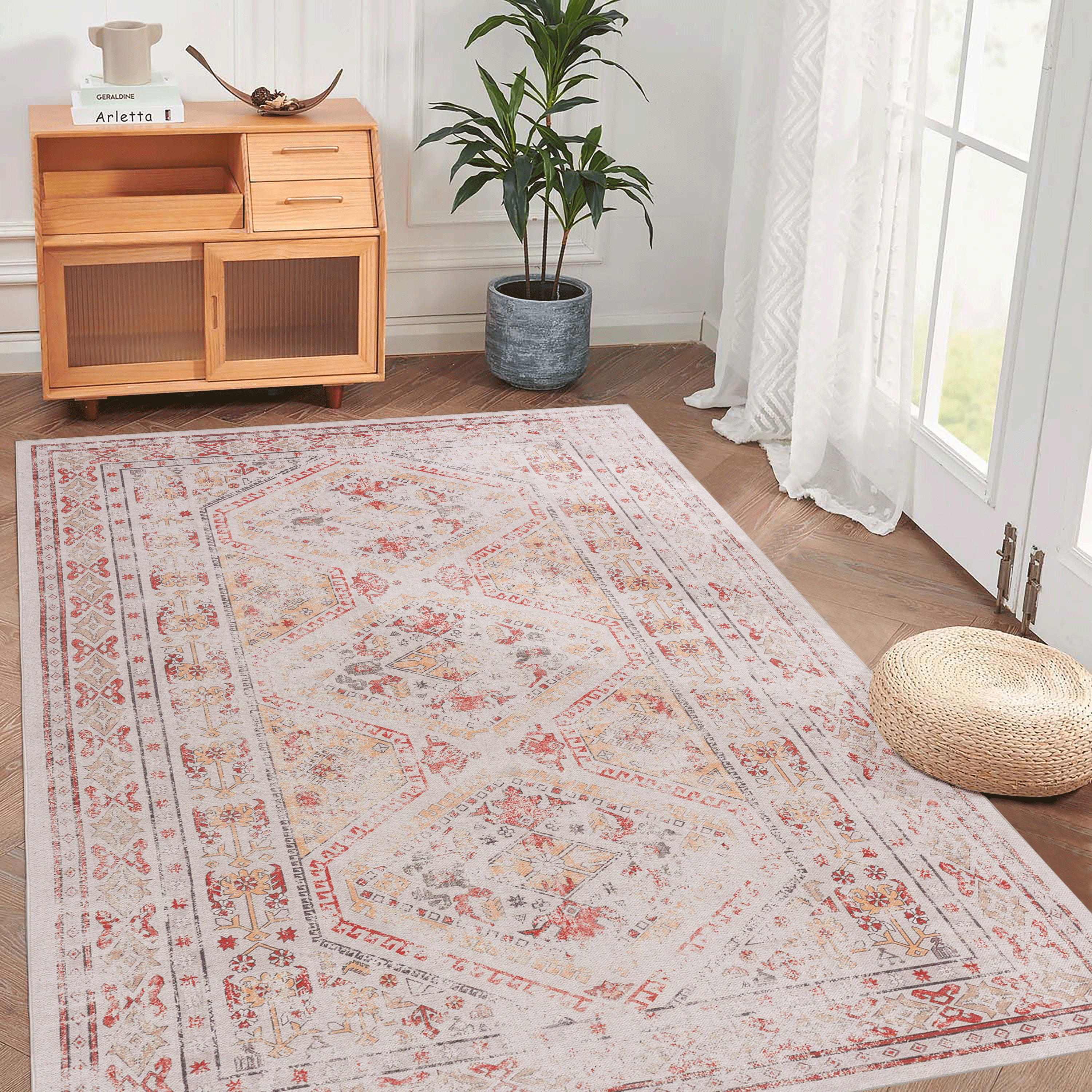 NAAR MAVAL Beige Washable Rug 5x8 Area Rug (Beige, 5&amp;#39; x 8&amp;#39;)