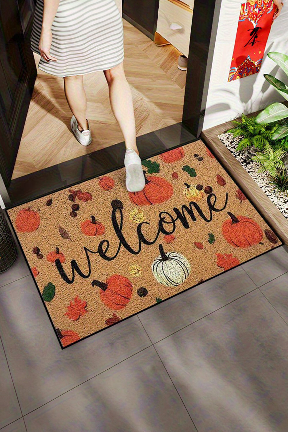 Welcome Fall Pumpkin Maple Leaf Pattern Entrance Doormat