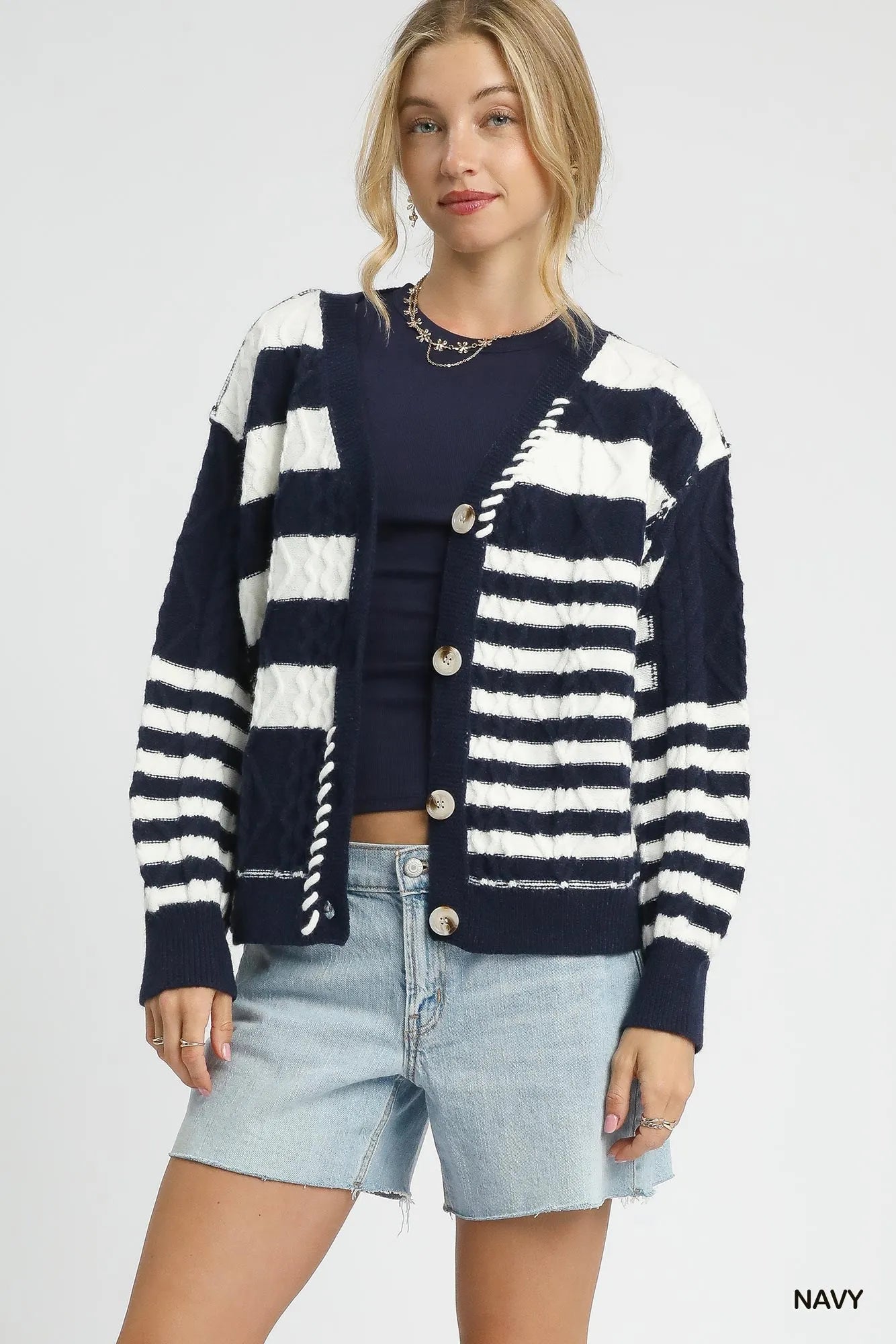 Umgee Cable-Knit Stripe Button-Up Cardigan