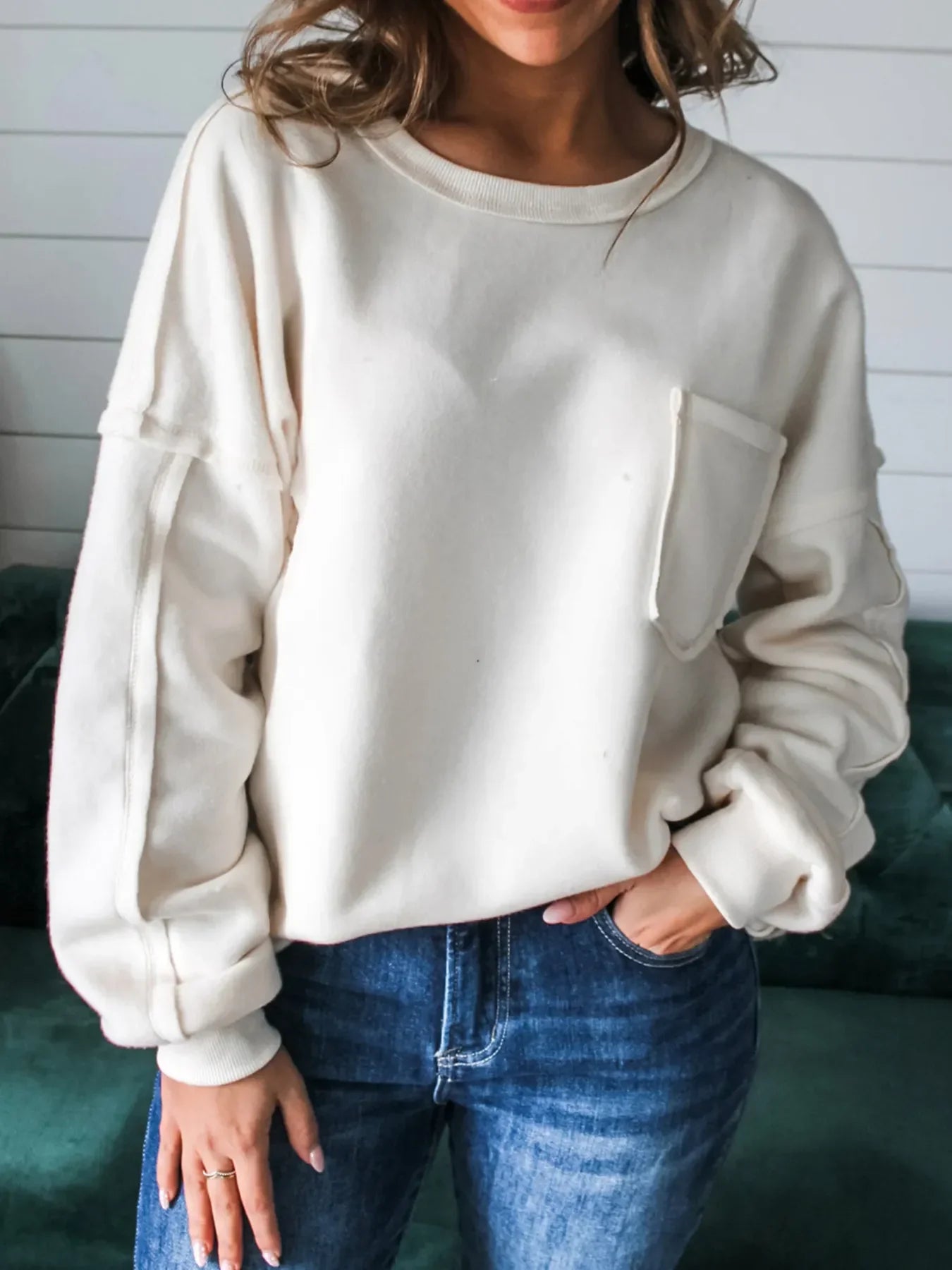 Exposed Seam Chest Pocket Knit Pullover Sweatshirt