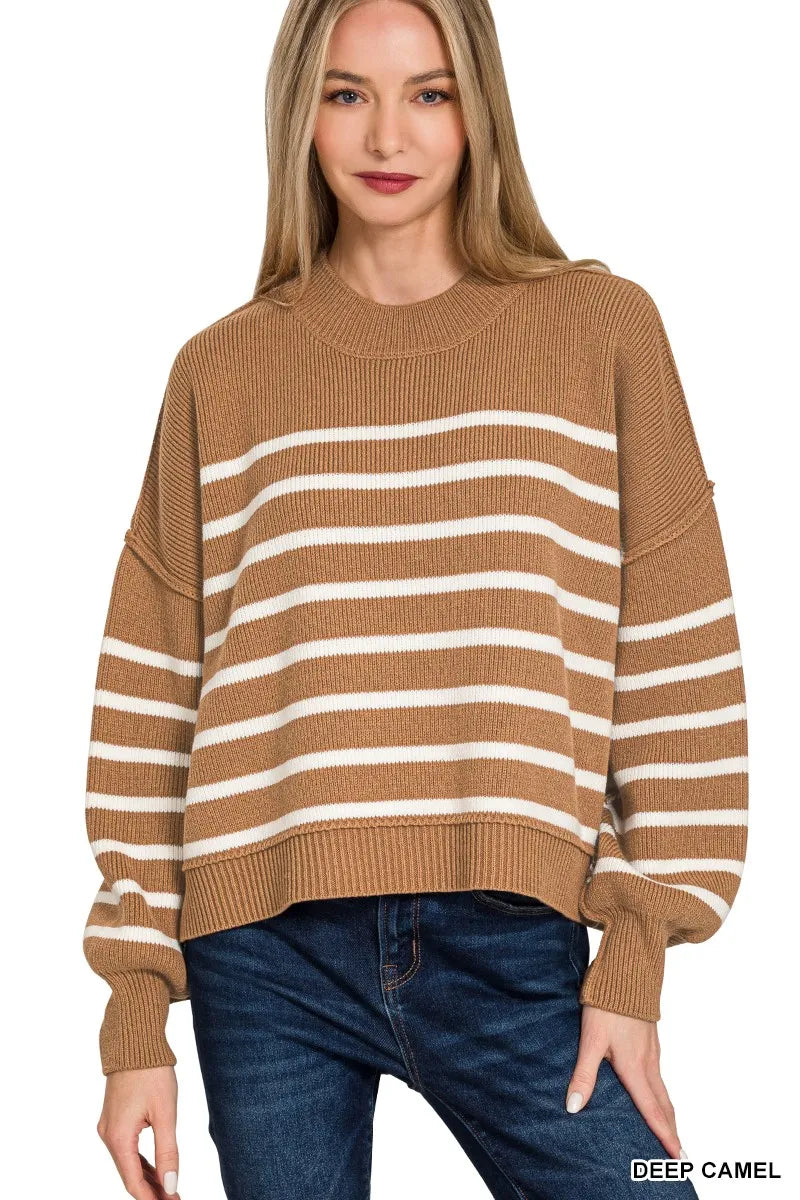 Zenana Exposed Seam Striped Oversized Sweater