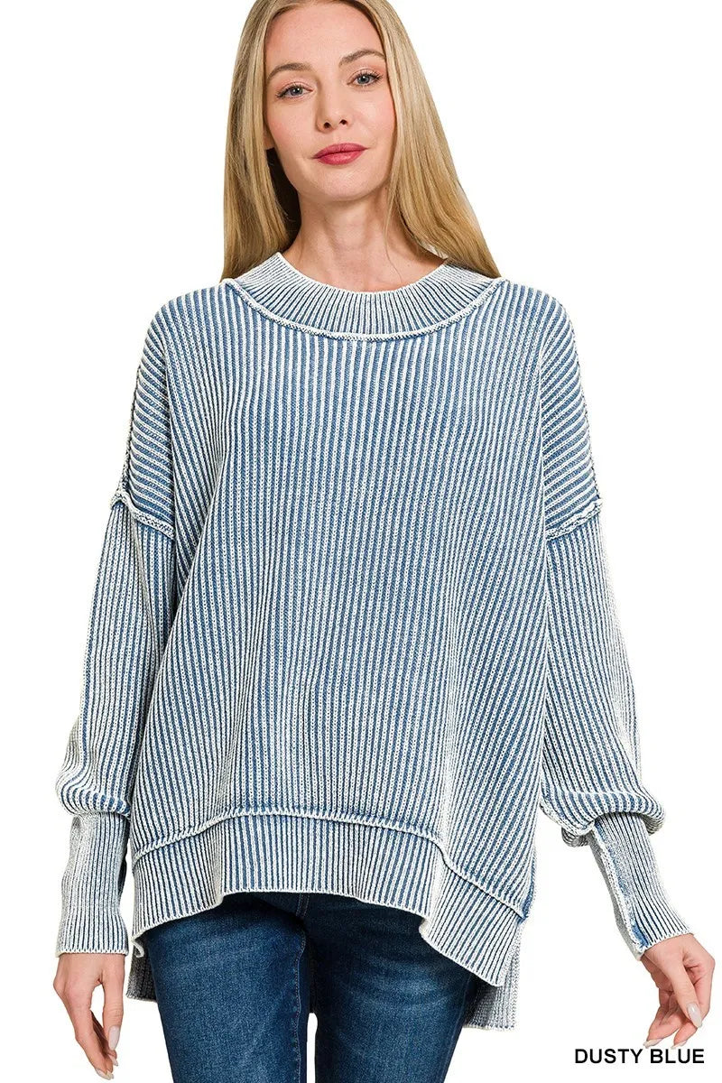 Zenana Washed Side Slit Oversized Sweater