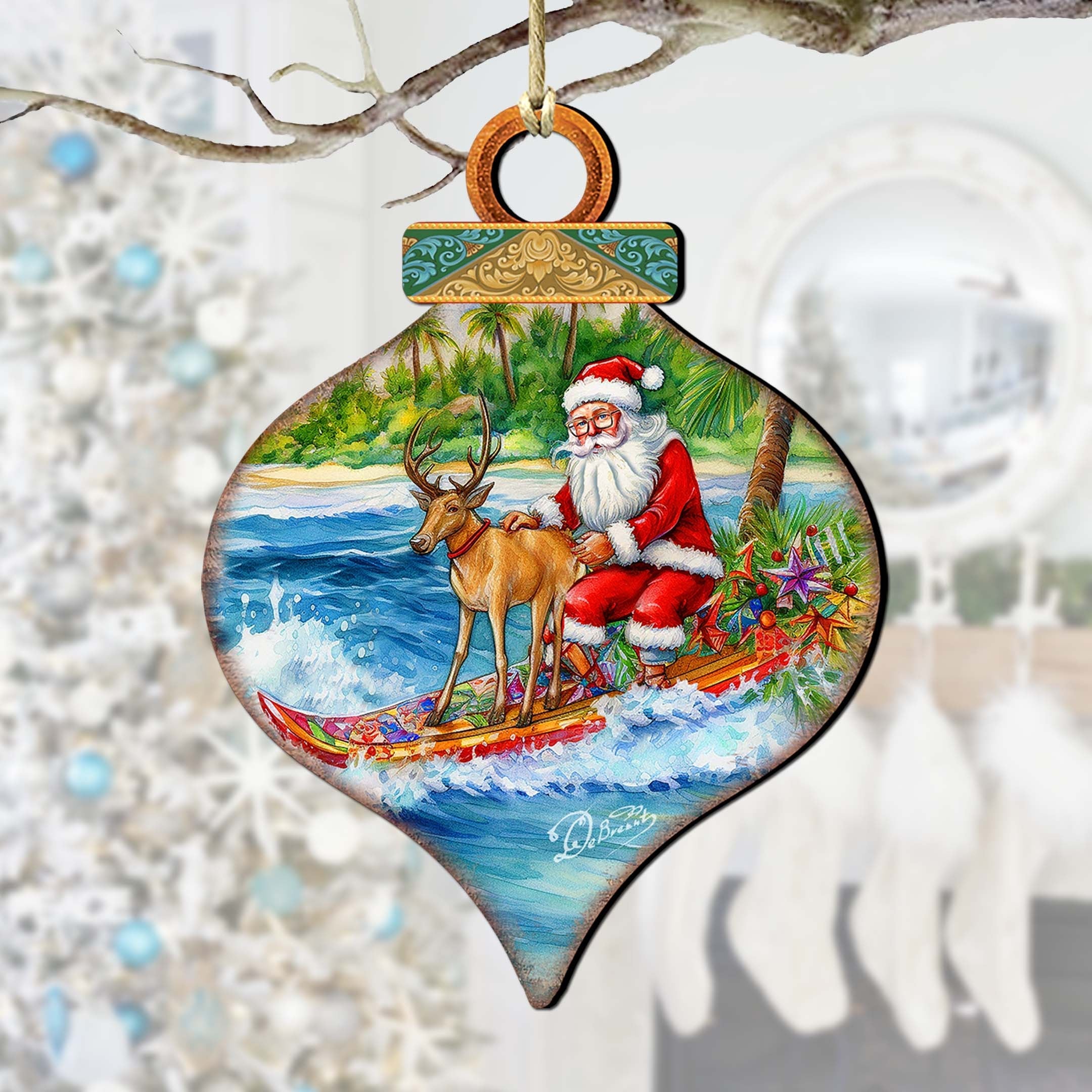 Coastal Christmas Decor - Surfing with Santa Wooden Ornaments by G.Debrekht Coastal Holiday Decor - 8688309