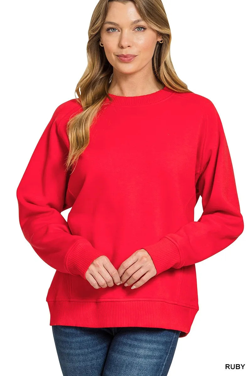 Zenana Fleece Round Neck Ribbed Side Raglan Sweatshirt
