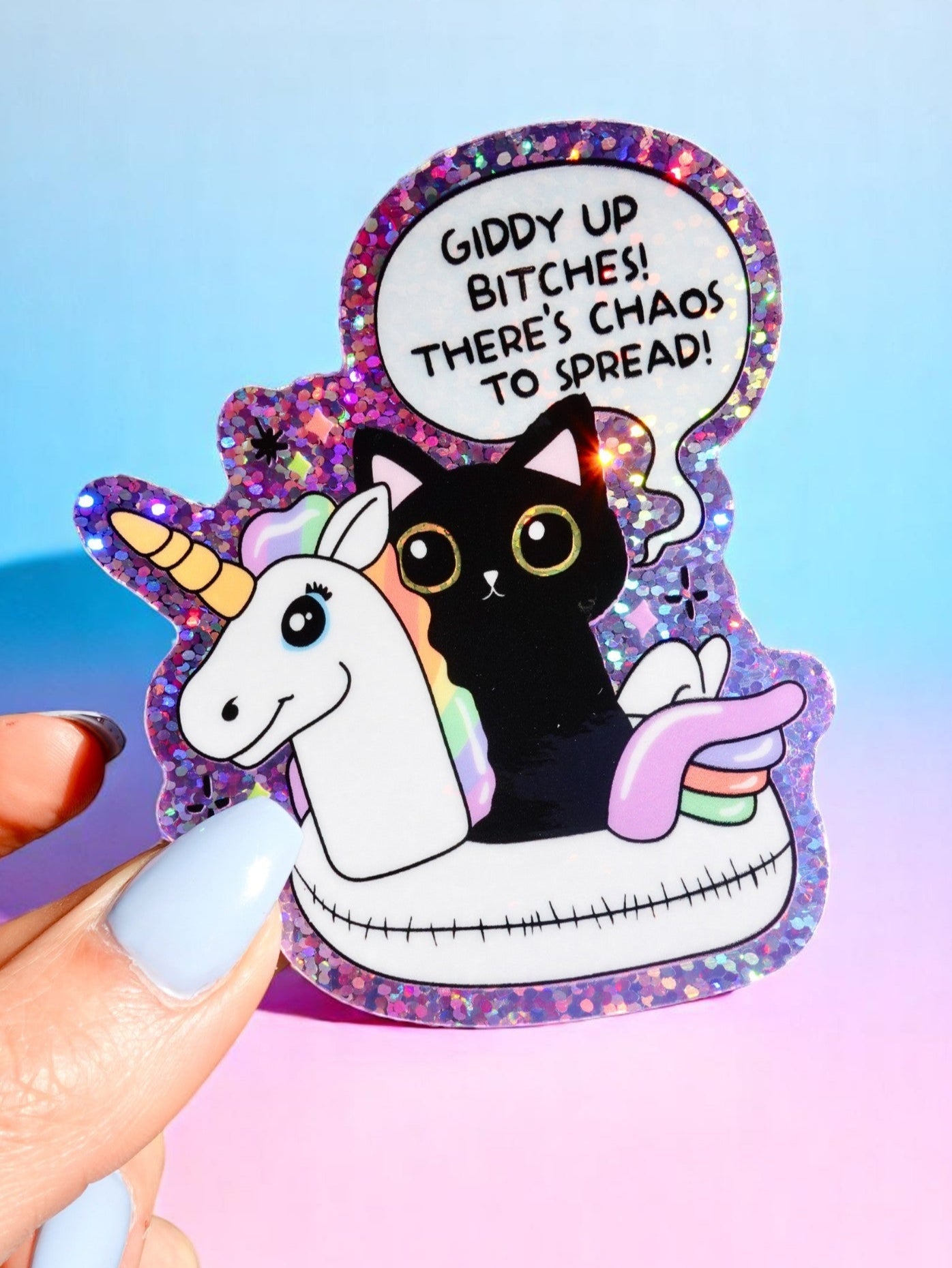 Funny Vinyl Sticker – Giddy Up Bitches – Holographic Cat and Unicorn Waterproof Decal
