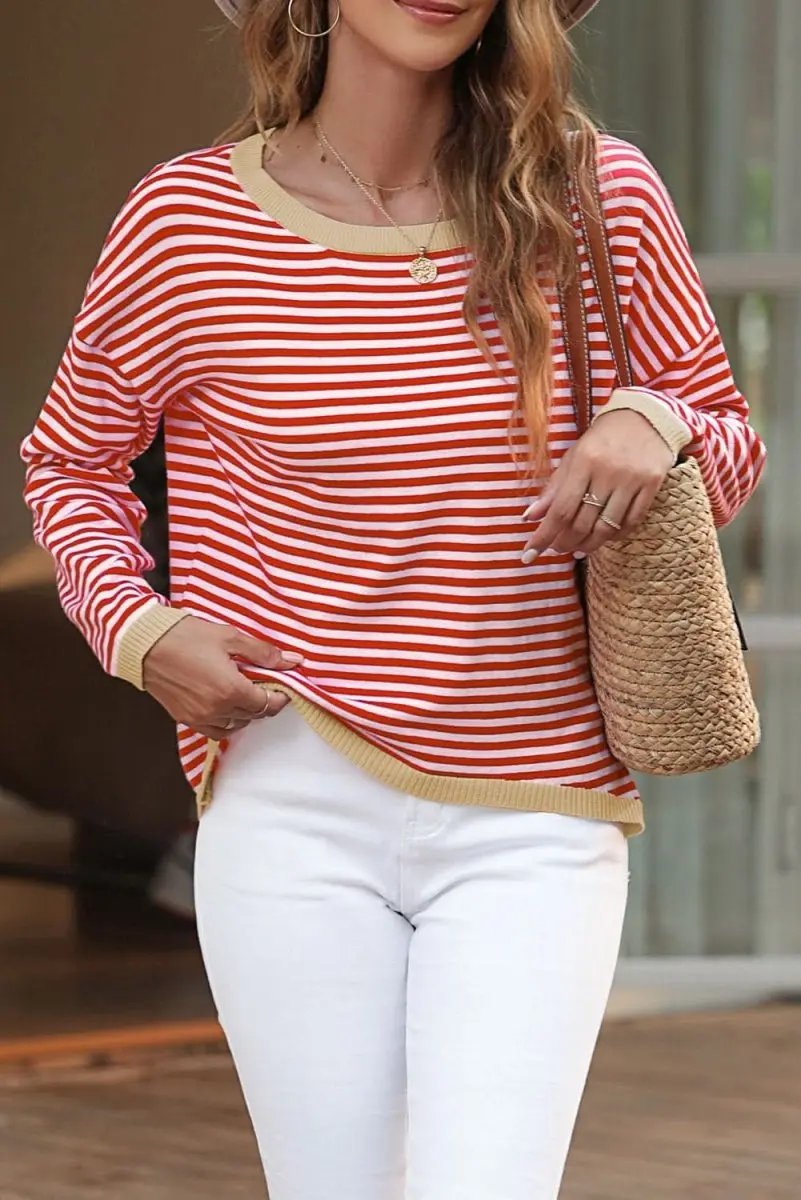 Love Salve Red Striped Sweater Women&amp;#39;s Daily Casual Knit Top - Soft, Fall Style
