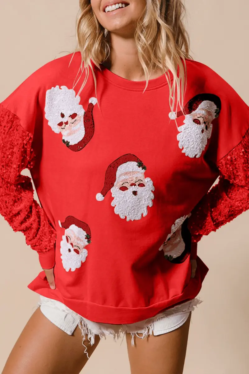 Love Salve Red Sequin Santa Women&amp;#39;s Christmas Sweatshirt: Festive, Comfy Top
