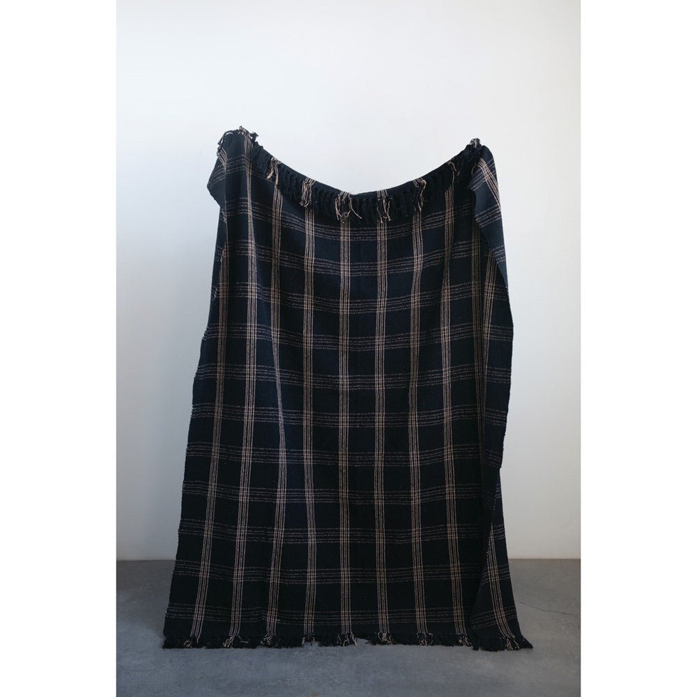 Woven Cotton Blend Throw Blanket with Fringe, Black &amp;amp; Tan Plaid