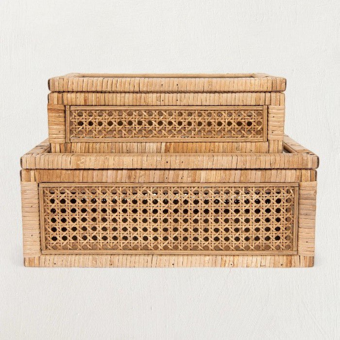 Woven Rattan &amp;amp; Wood Display Boxes with Glass Lid, Set of 2