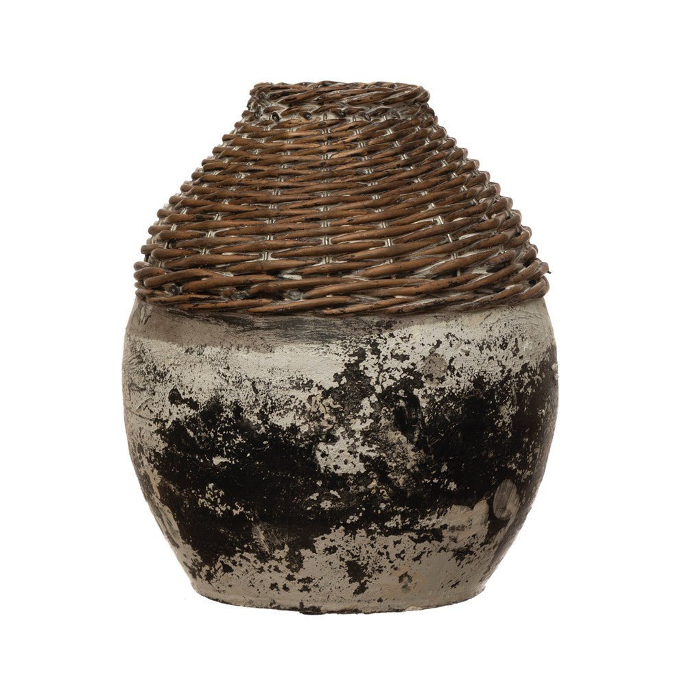 Hand-Woven Rattan &amp;amp; Clay Vase, Distressed