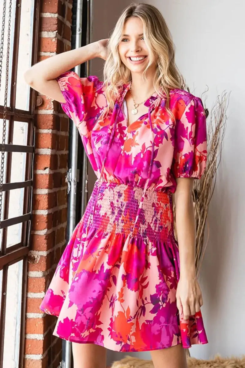 Floral Mini Dress Women&amp;#39;s Casual Smocked Short Sleeve Summer Dress