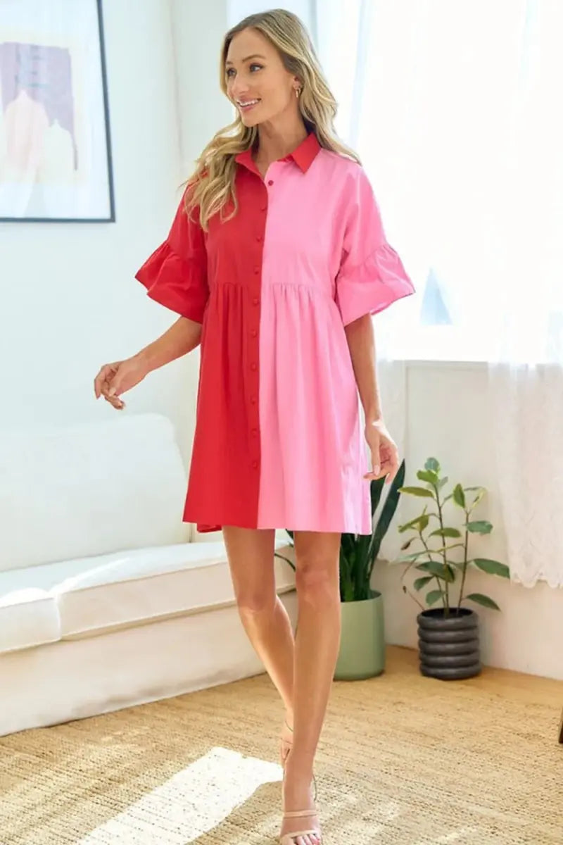 Color Block Babydoll Dress Women&#39;s Casual Button Down Mini Dress - Cute &amp; Flattering