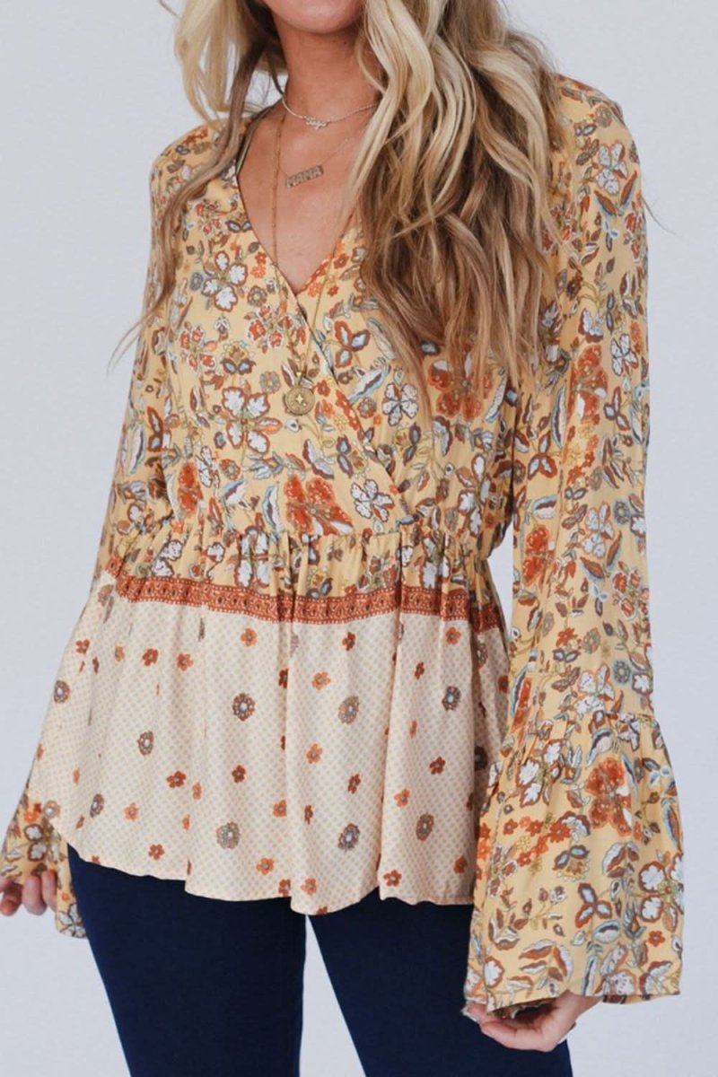 Flare Sleeve Peplum Blouse with Printed Surplice Design