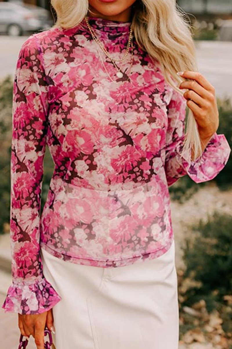 Floral Print Turtleneck Ruffle Sleeve Top