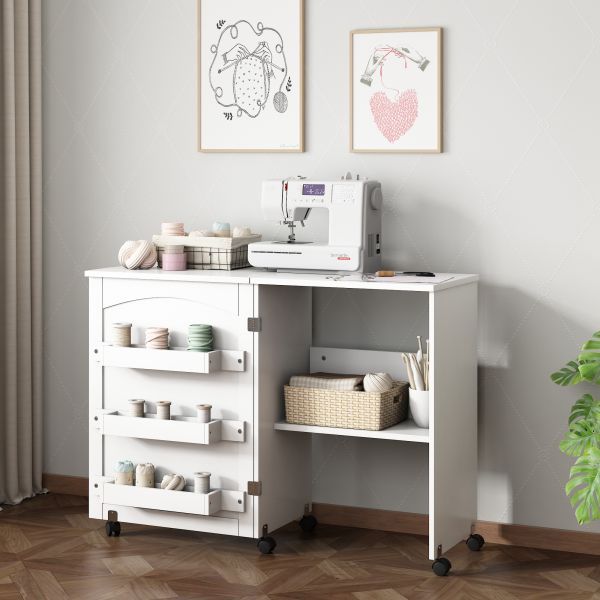 Folding Sewing Craft Cart&amp;amp;Sewing Cabinet Miscellaneous Sewing Kit Art Desk with Storage Shelves and Lockable Casters-White