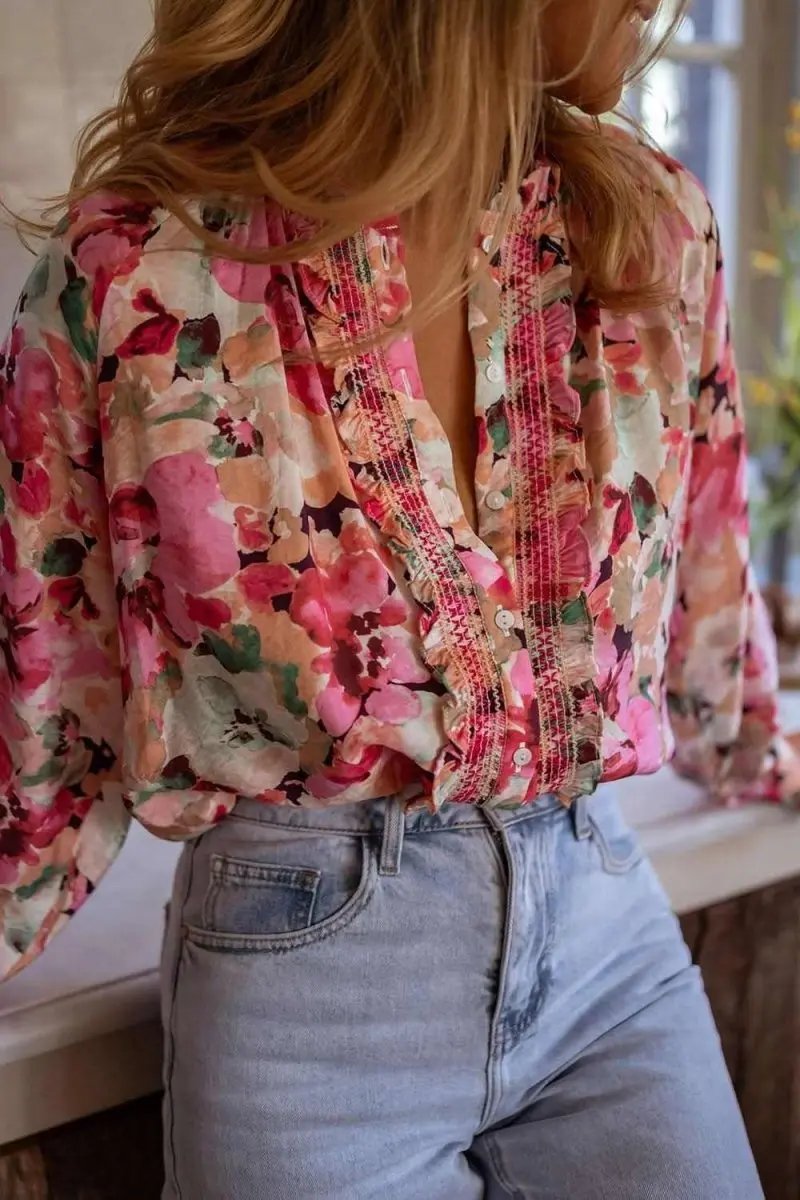 Trendsi Floral Button Down Women&amp;#39;s Shirt Casual Long Sleeve Top Cute Frill Detail