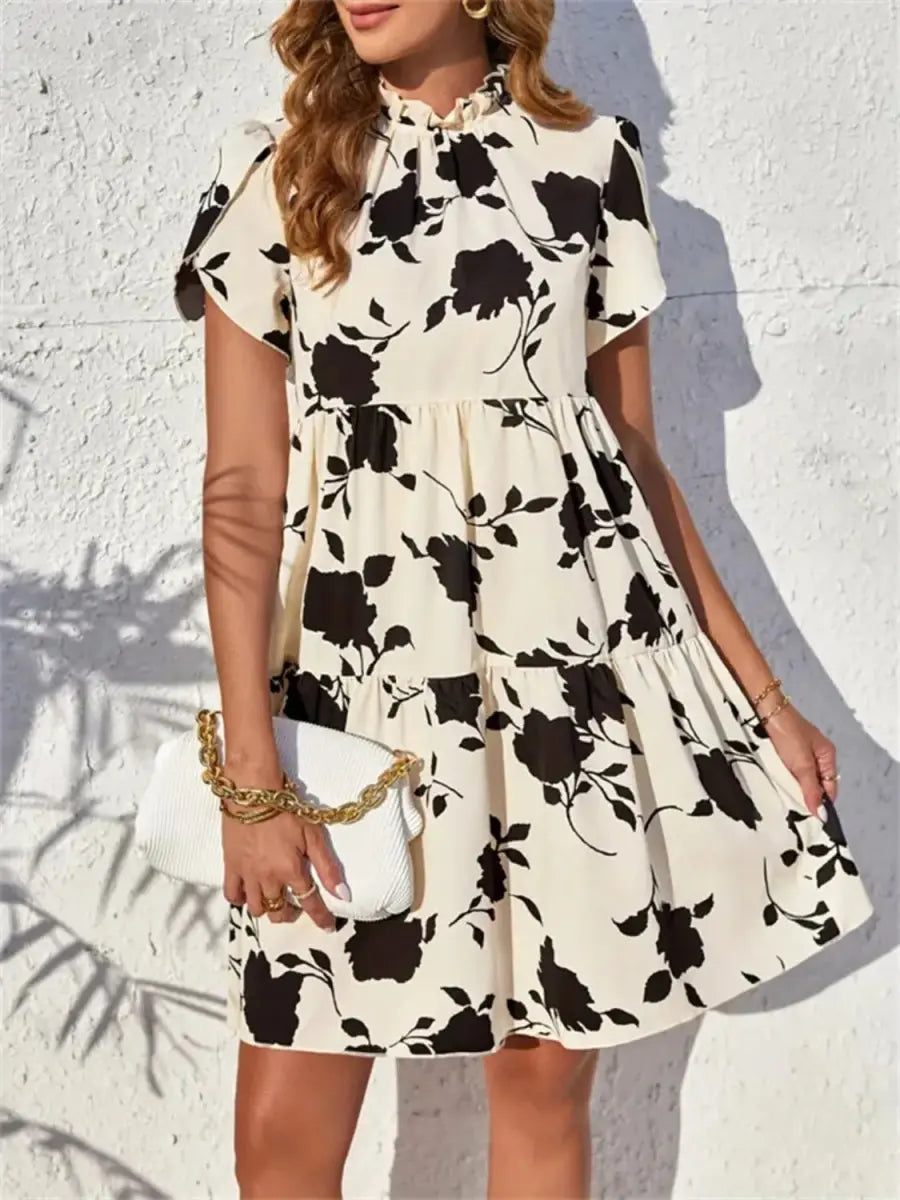 Trendsi Printed Mini Dress Women&amp;#39;s Casual Tiered Short Sleeve Cute