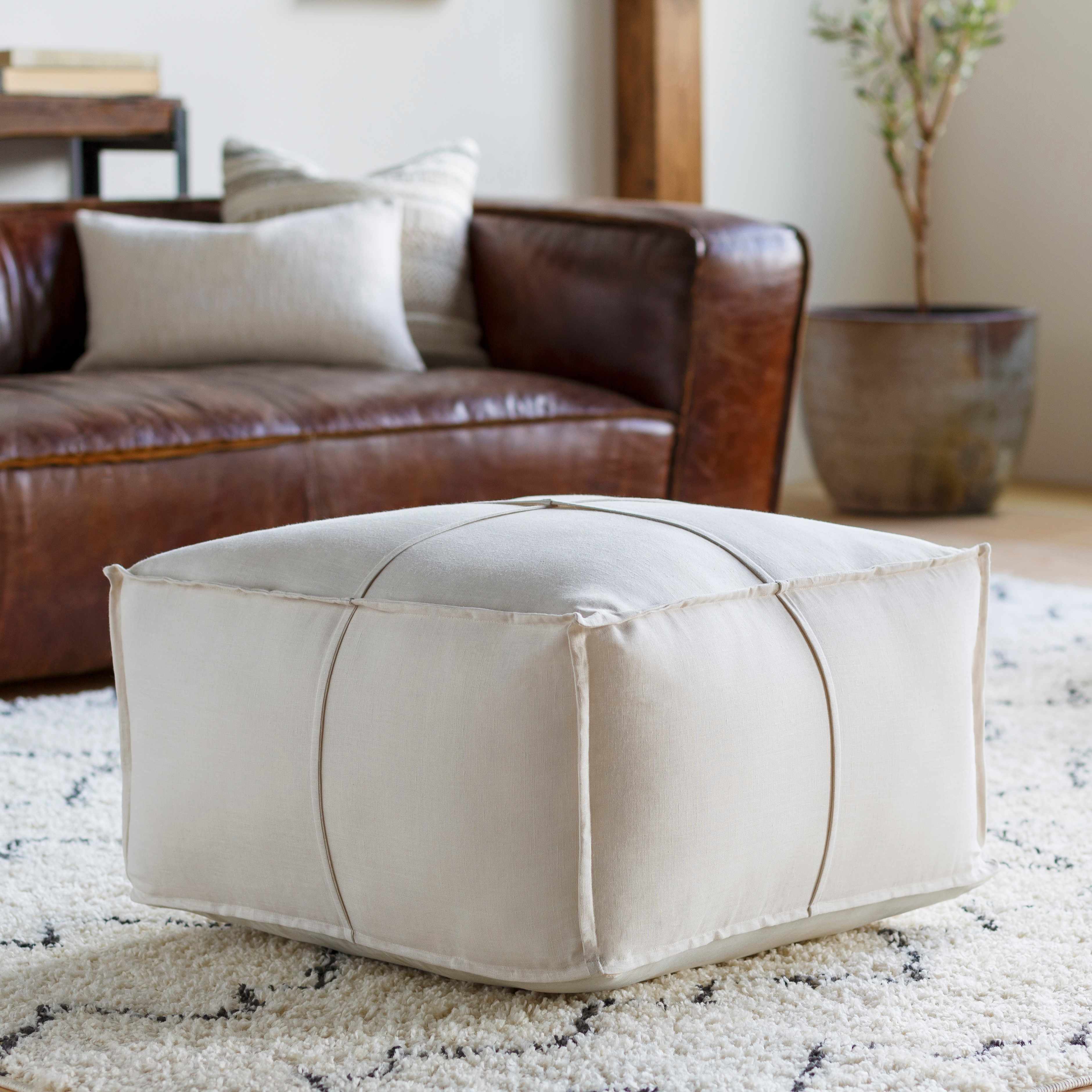 Friendsville Solid &amp;amp; Striped Ivory Pouf