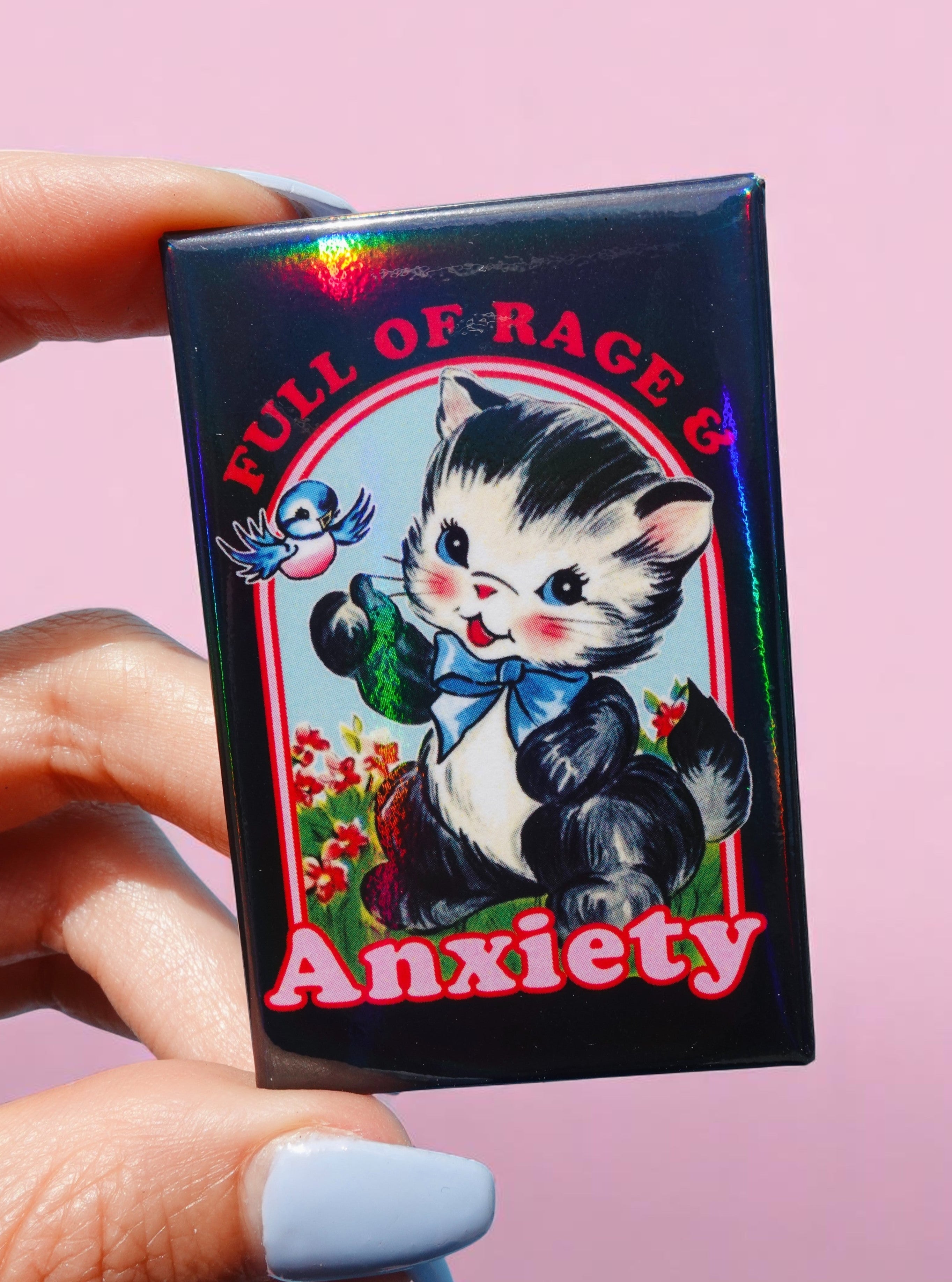 Full of Rage &amp;amp; Anxiety Holographic Pin – Vintage Angry Cat Enamel Pin