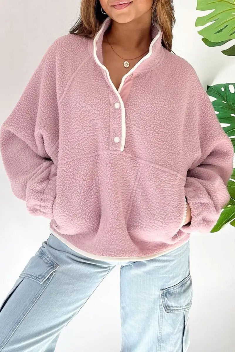 Love Salve Fuchsia Plush Sweatshirt Women&amp;#39;s Daily Winter Fleece Pullover - Pocket Detail
