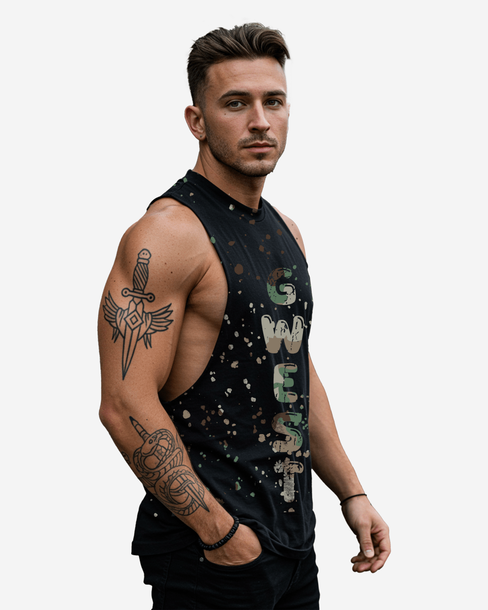 G  WEST LOGO ARMY SPLATTRE BLACK TANKS