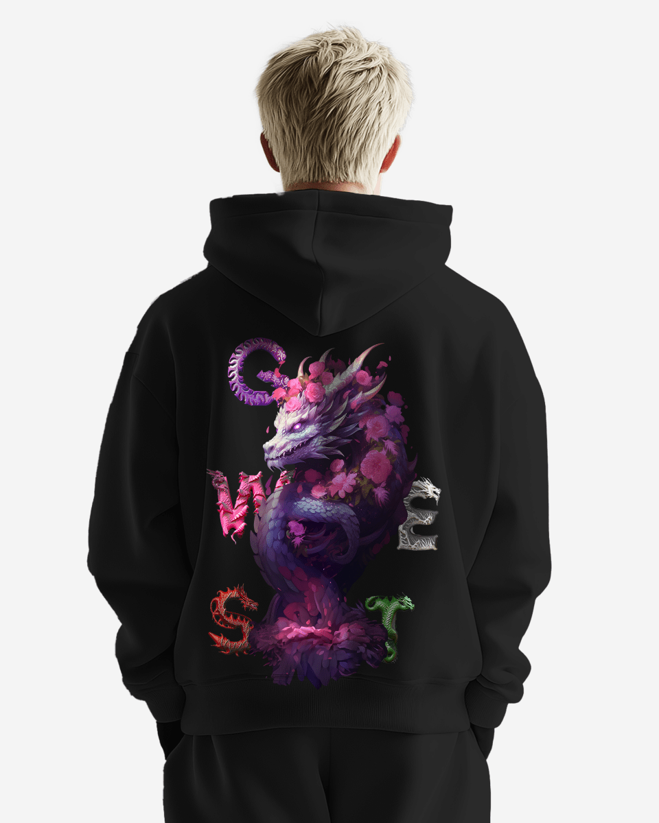 G West Mens Purple Dragon Heavy Premium Oversize Hoodie