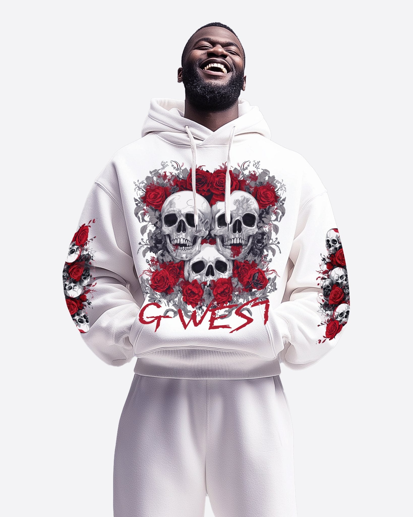 G West Mens Rhinestone Roses And Bones Oversized Hoodie