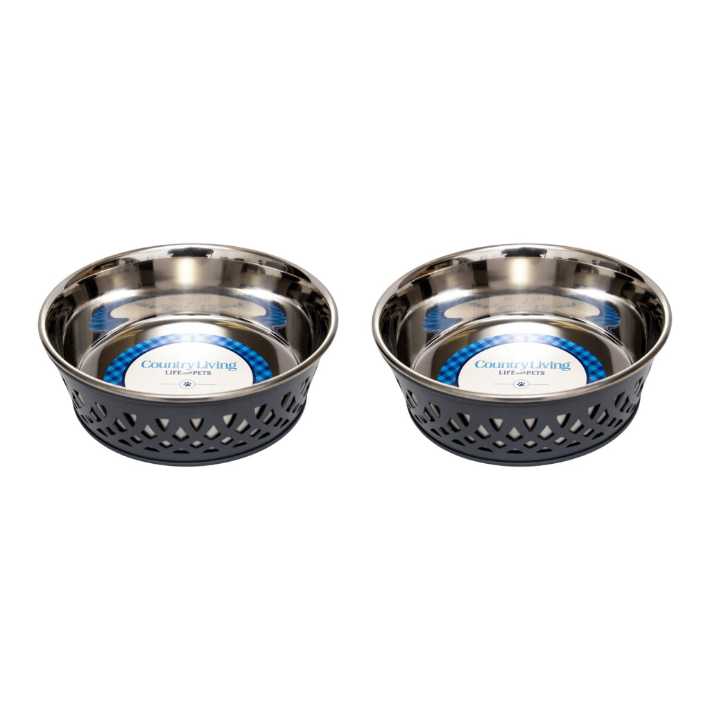 Country Living Set of 2 Stainless Steel Dog Bowls – Farmhouse Style, Ideal for Small to Medium Dogs