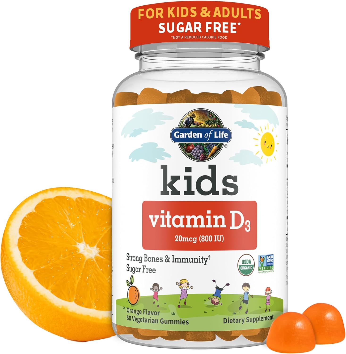 Garden of Life Kids Organic Vitamin D3 Gummies with 800 IU (100% Daily Value) for Strong Bones, Teeth, Brain &amp;amp; Immunity – Non-GMO, No Gluten, Vegetarian, Sugar Free, Orange Flavor, 60 Servings