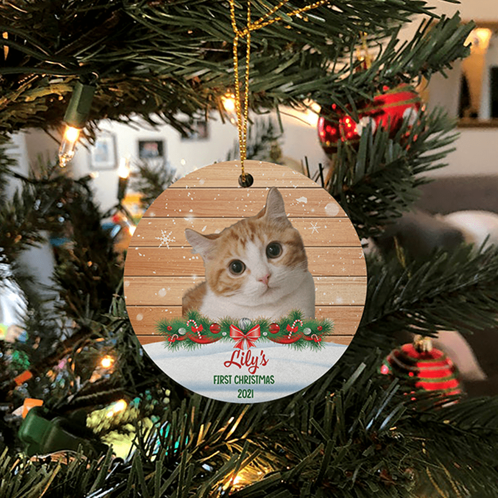 Dog Cat Christmas Wooden Background Photo Ceramic Ornament